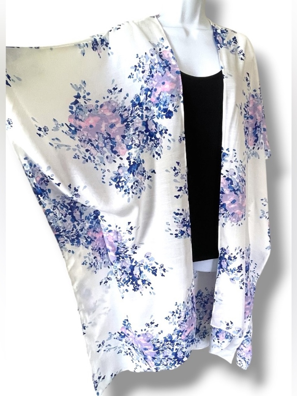 Kimono Cardigan Duster Boho Beach Cover Up White Blue Floral Print One Size - Picture 5 of 8